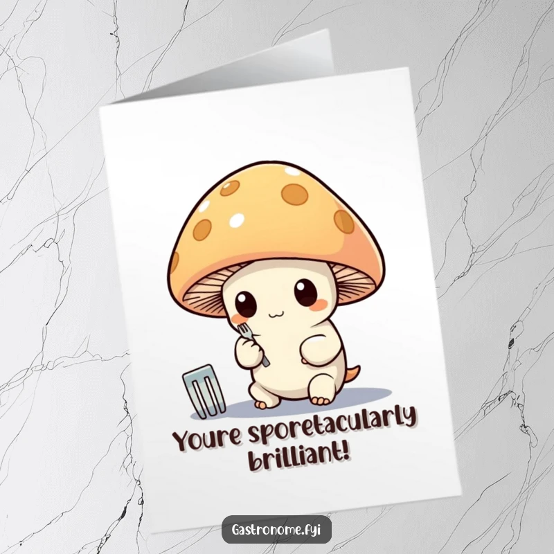 Funny Free Printable Congratulations Card: Whimsical mushroom gleefully polishes a tiny silver fork to celebrate an accomplishment.