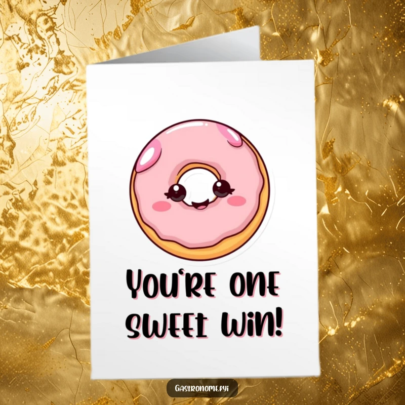 Funny Free Printable Congratulations Card: A cheerful donut with eyes wiggles with joy, celebrating achievements. DIY gift.