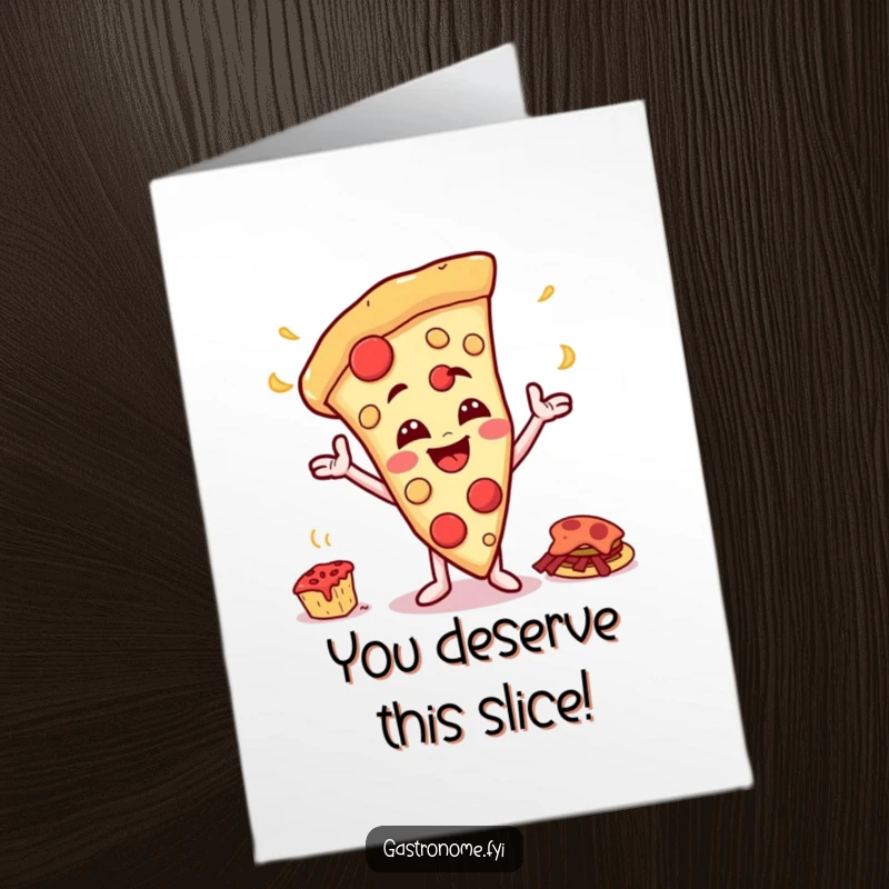Funny Free Printable Congratulations Card showing a happy pizza slice character pointing to a huge feast, celebrating abundance and success.