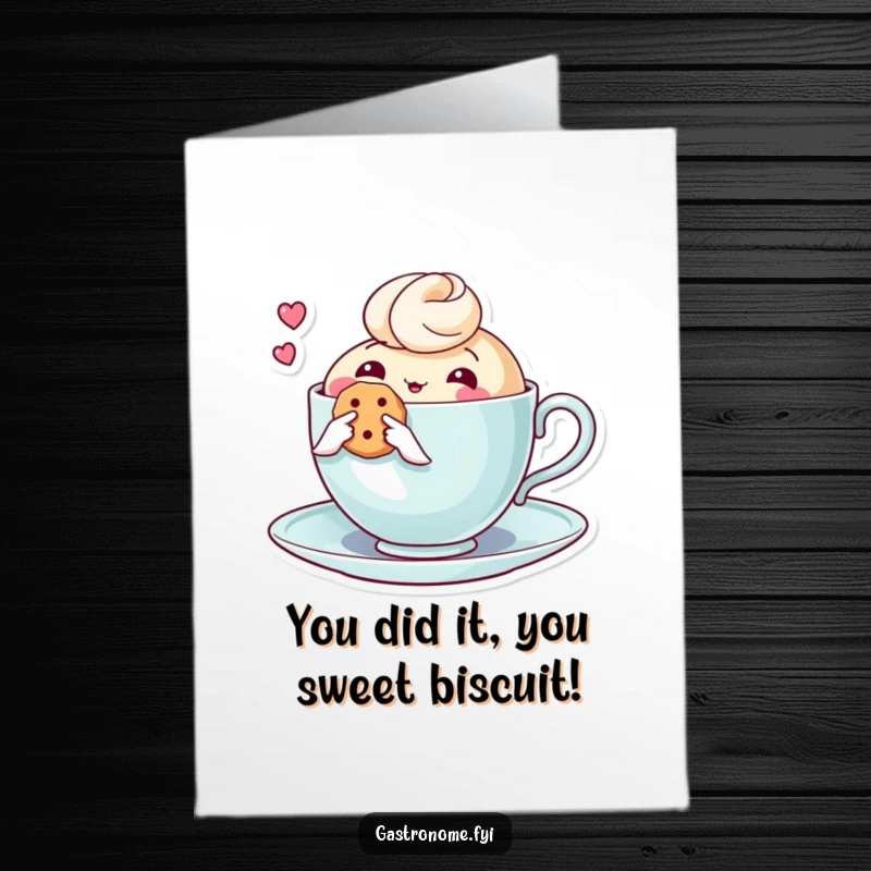 Funny Free Printable Congratulations Card: A thoughtful teacup character presenting a tiny biscuit, symbolizing a sweet success.