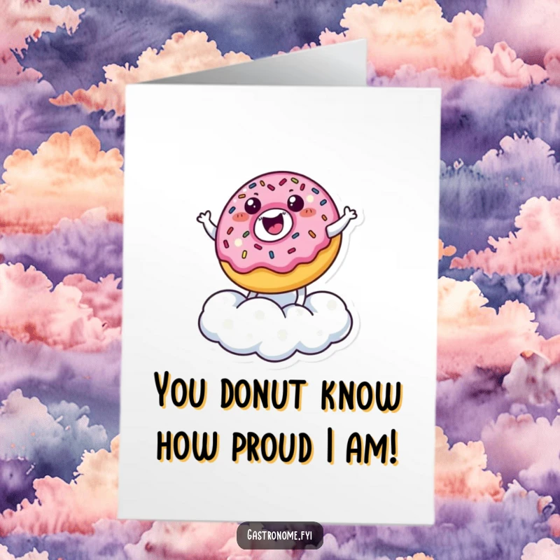 Funny Free Printable Congratulations Card: A happy donut character bouncing gleefully on a sugar cloud, celebrating a big win.