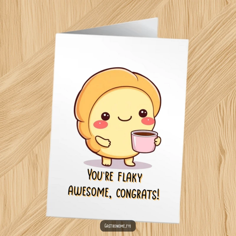 Funny Free Printable Congrats Card: A smiling croissant offers a tiny cup of coffee, celebrating their achievement.