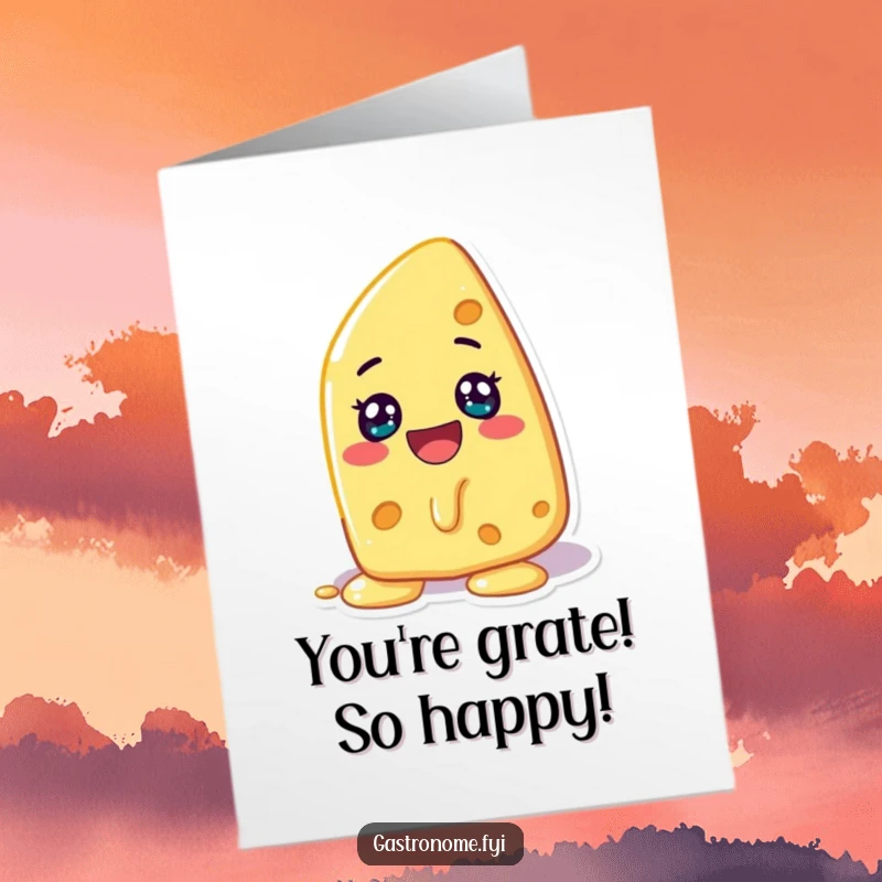 Funny free printable congratulations card: A cheerful cheese character melting with glee, celebrating your awesome achievement.