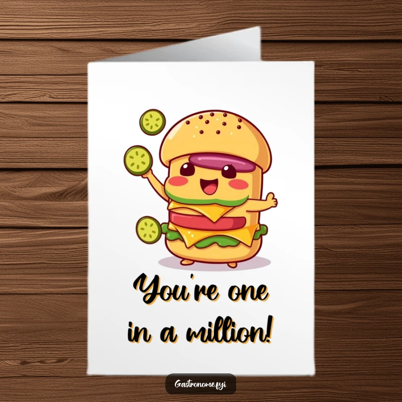 Funny Free Printable Congratulations Card: Delighted cheeseburger character juggling tiny pickle slices, celebrating success.