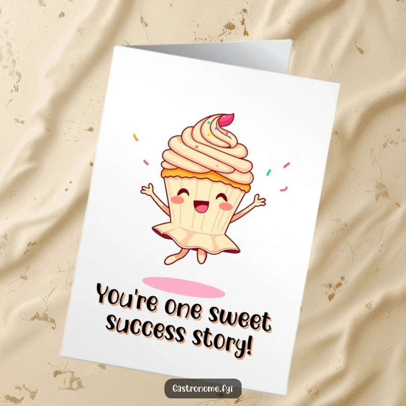 Funny Free Printable Congratulations Card: A happy cupcake character doing a playful spin with sprinkles falling, perfect for celebrating wins.