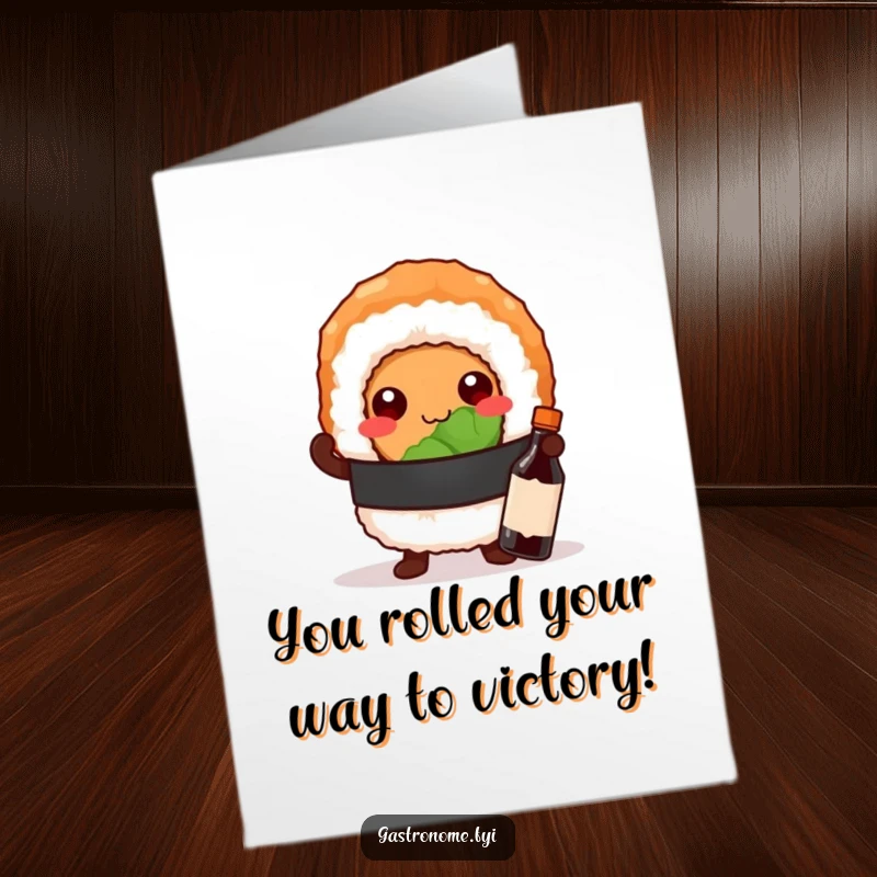 Funny Free Printable Congrats Card: A proud sushi roll strikes a pose with a tiny soy sauce bottle, celebrating victory.