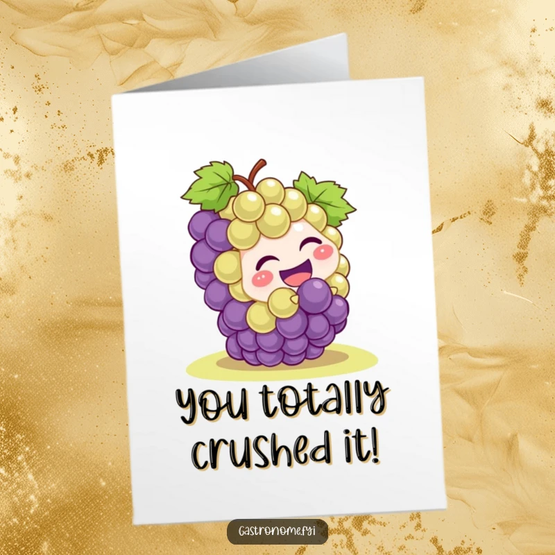Funny Free Printable Congratulations Card with a laughing grape bunch character rolling downhill in celebration.