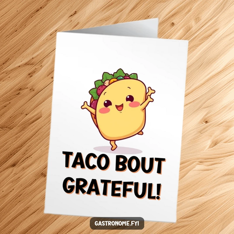 Funny Free Printable Thank You Card: A smiling taco with tiny arms does a cartwheel, expressing thanks. Downloadable gift.