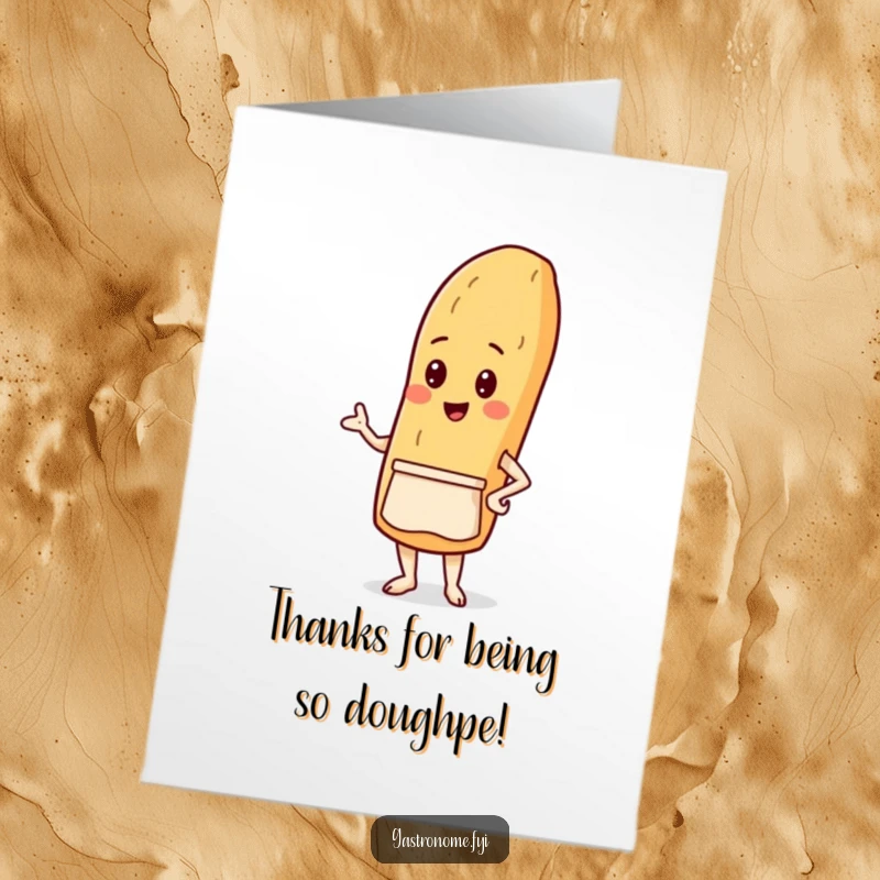Funny Free Printable Thank You Card: A proud baguette character in a tiny apron, offering thanks with a warm, crusty smile.
