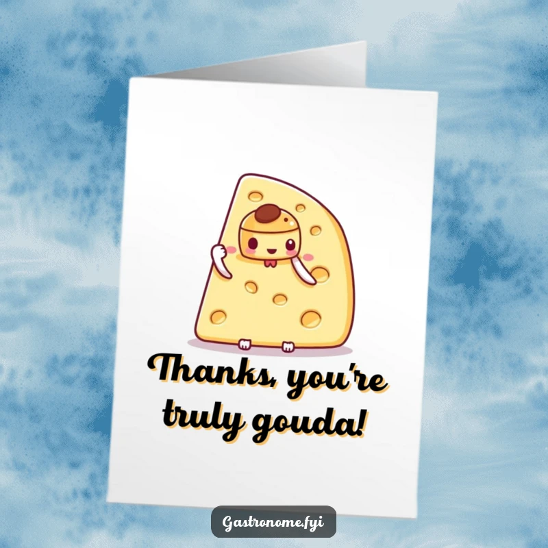 Funny Free Printable Thank You Card: Proud cheese wedge holding a miniature, artful pastry, expressing thanks.