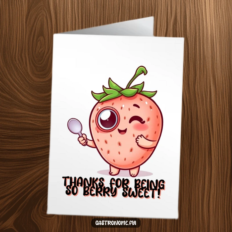 Funny Free Printable Thank You Card featuring a delighted strawberry in a monocle holding a spoon, offering thanks.
