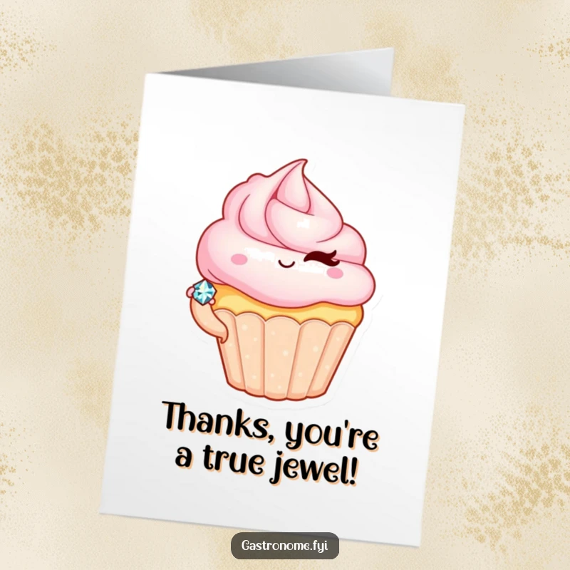 Funny Free Printable Thank You Card: Winking cupcake character offers a small, radiant jewel, conveying thanks.