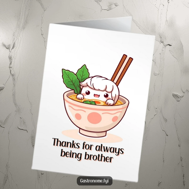 Funny Free Printable Thank You Card: A curious ramen bowl character peeking over its broth, expressing sincere thanks.