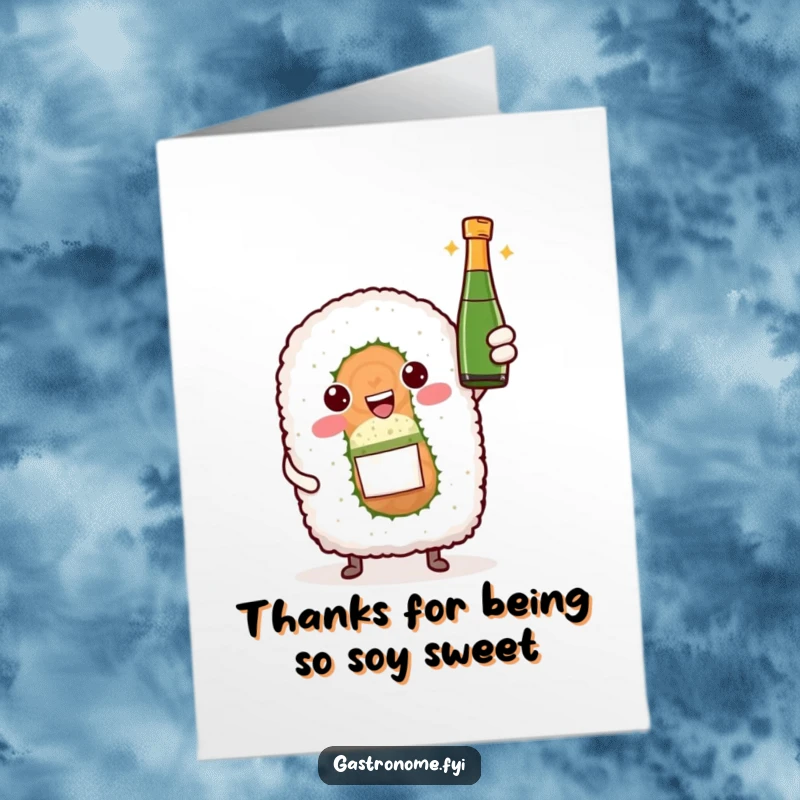 Funny Free Printable Thank You Card: A sushi roll character proudly offering a small bottle of sparkling wine, expressing sincere thanks.