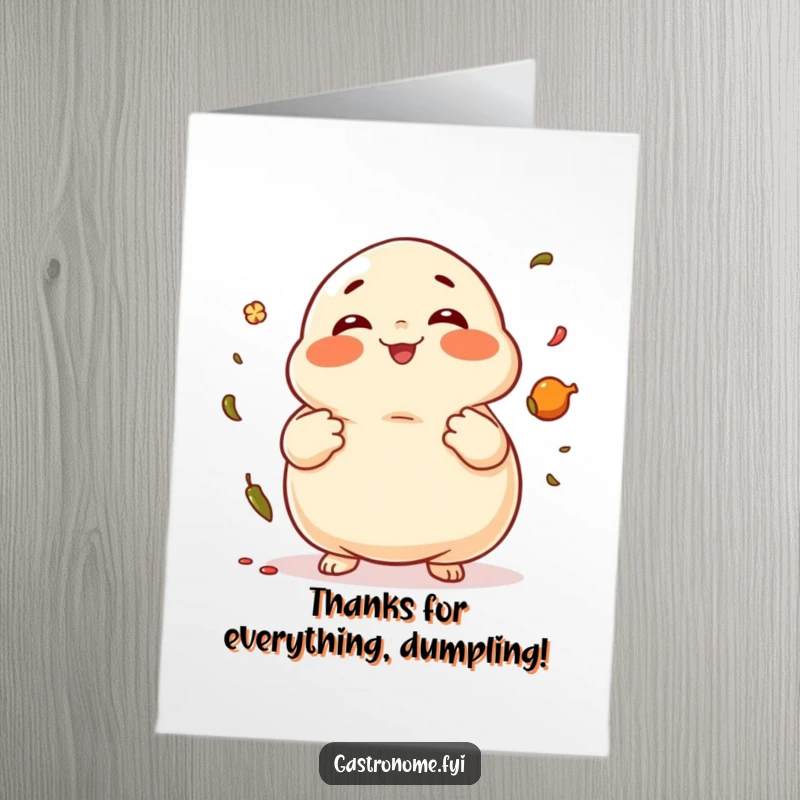 Funny Free Printable Thank You Card of a giggling dumpling juggling spices, offering thanks with joy.