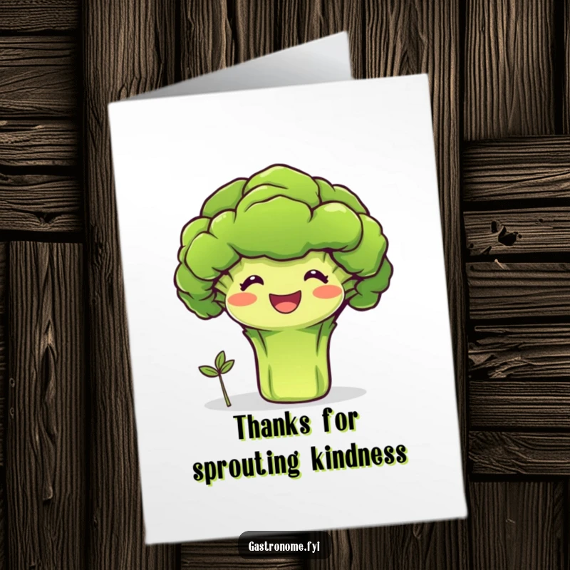 Funny Free Printable Thank You Card: Beaming broccoli proudly presents a tiny sprout, conveying thanks. Wholesome gratitude design.