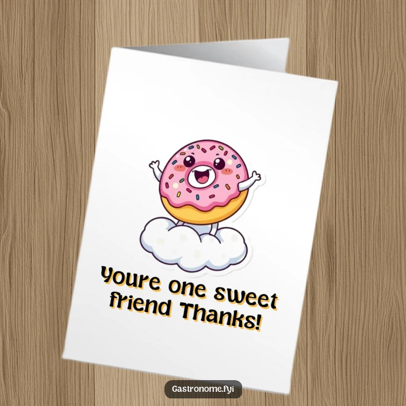 Funny Free Printable Thank You Card: A happy donut character with sprinkles bouncing on a sugar cloud, expressing sweet thanks.