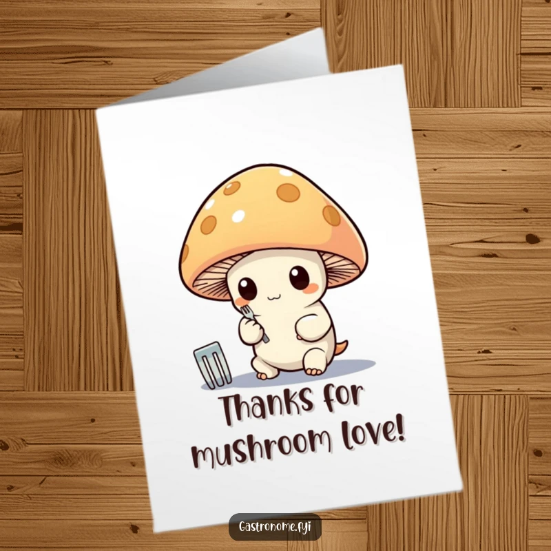 Funny Free Printable Thank You Card: Mushroom with a shiny fork, expressing gratitude with a whimsical smile.