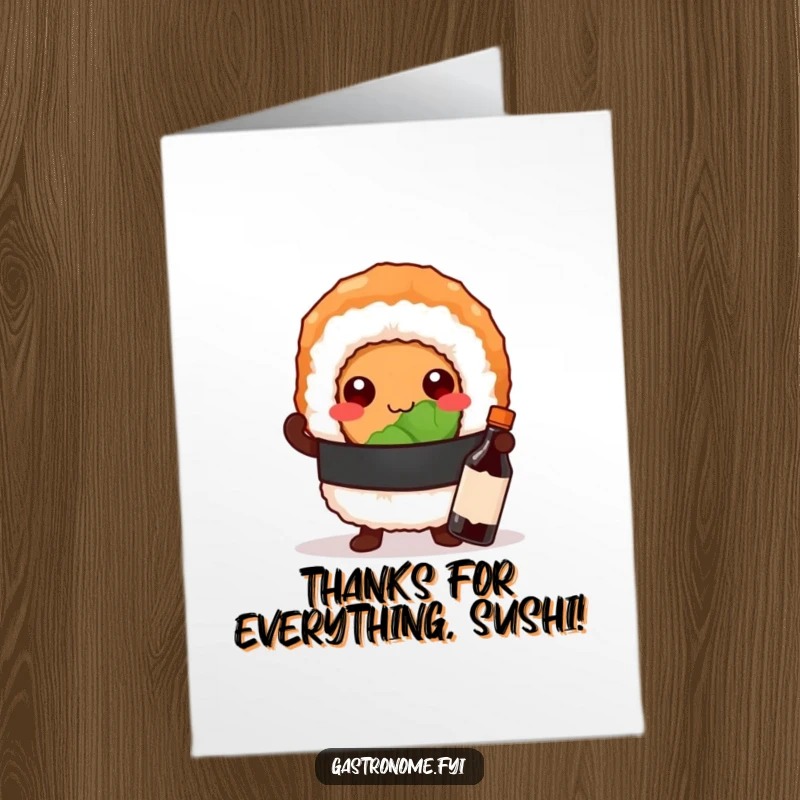 Funny Free Printable Thank You Card: A proud sushi roll character poses with a tiny soy sauce bottle, sending thanks.