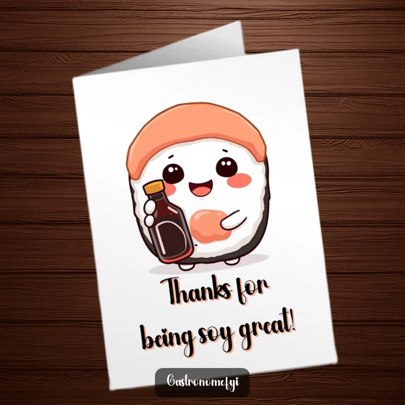 Funny Free Printable Thank You Card: A sushi character happily beams, holding a tiny soy sauce bottle with gratitude.