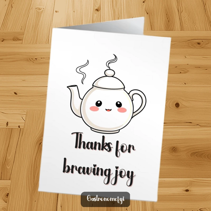 Funny Free Printable Thank You Card featuring a curious teapot character, sending warm steam and gratitude. A delightful way to say thanks.