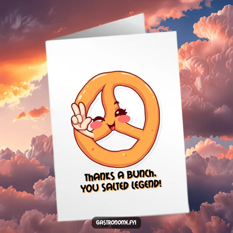 Funny Free Printable Thank You Card: A charming winking pretzel character giving a distinguished, stylish salute of gratitude.