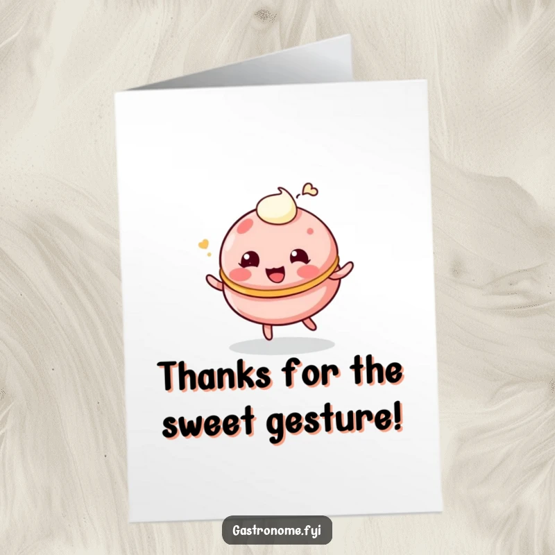Funny Free Printable Thank You Card: A giggling macaroon character playfully bounces with cream, conveying heartfelt thanks humorously.