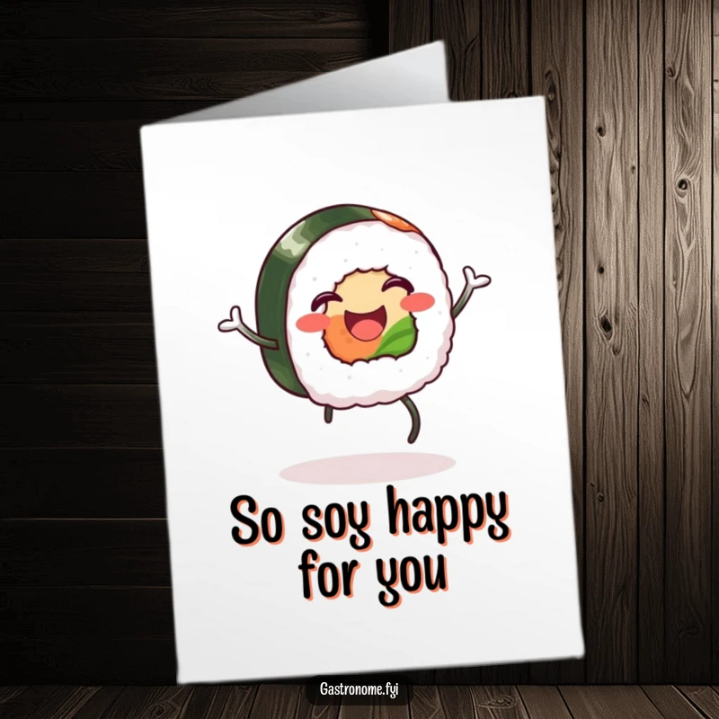Funny Free Printable Thank You Card: A happy piece of sushi with legs does a silly jig, conveying thanks. Downloadable gift.