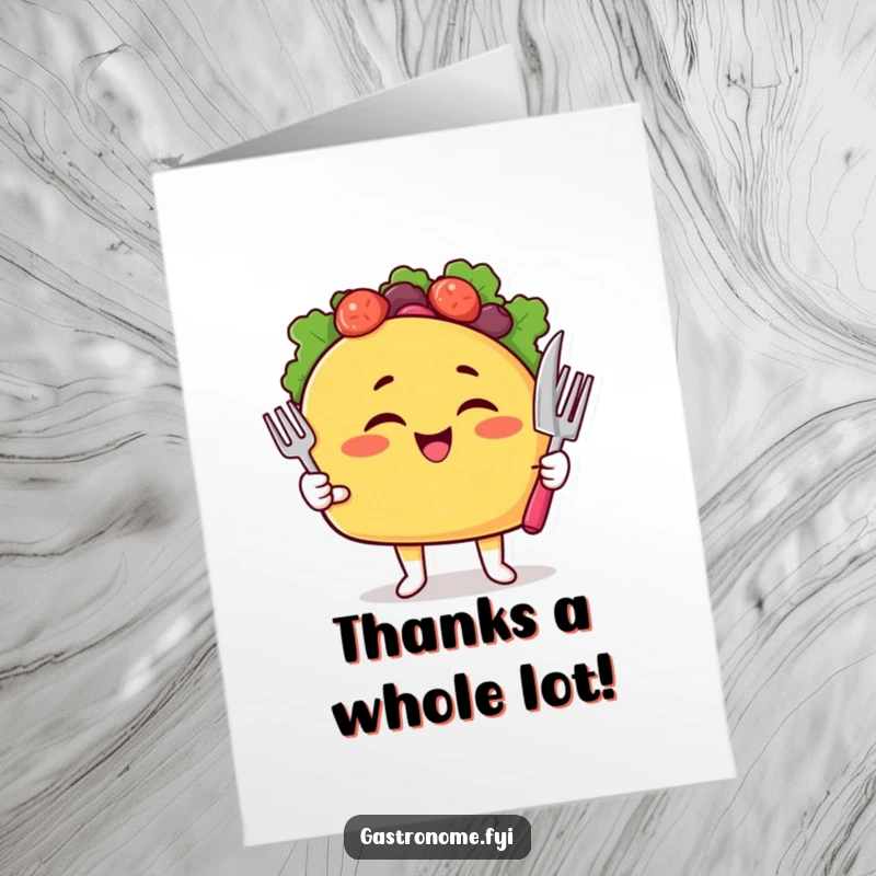 Funny Free Printable Thank You Card with a winking taco character holding tiny cutlery, expressing thanks.