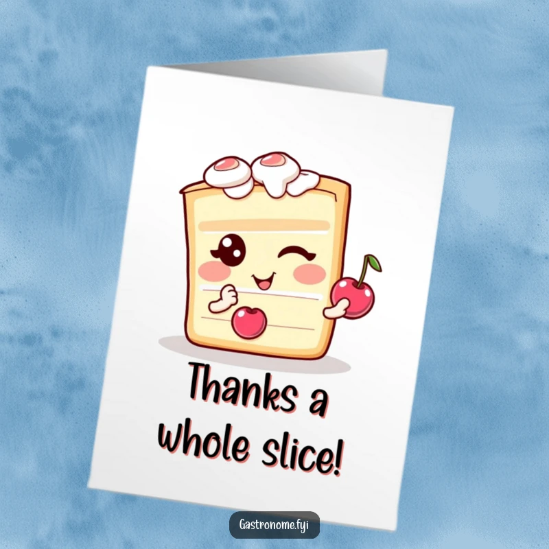 Funny Free Printable Thank You Card: A delighted cake slice character winks, holding a cherry, expressing sincere and humorous gratitude.