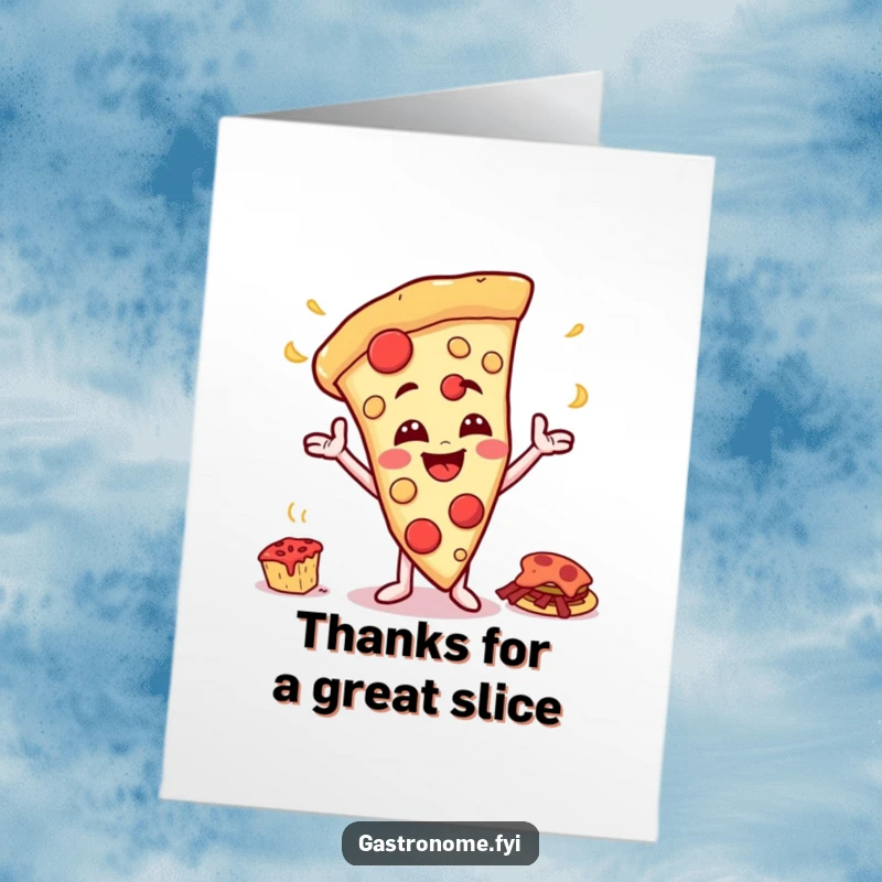 Funny Free Printable Thank You Card with a happy pizza slice character gesturing towards a feast, expressing heartfelt thanks.