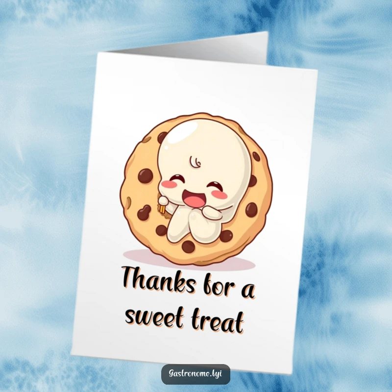 Funny Free Printable Thank You Card: A wobbly jelly character joyfully biting into a giant cookie, sending sweet thanks.