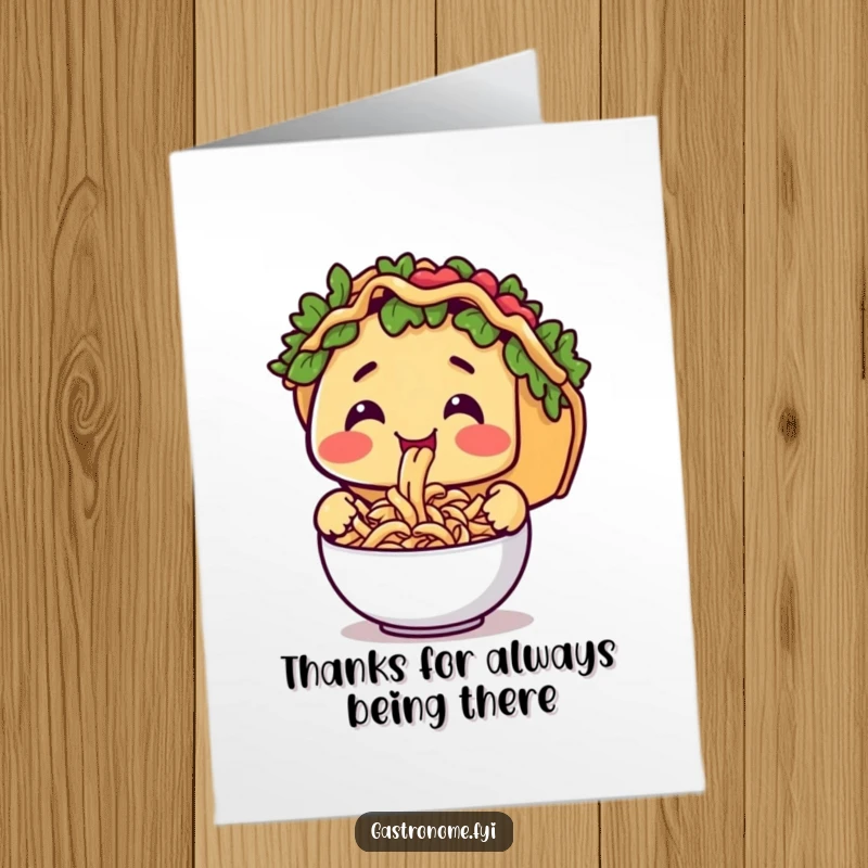 Funny Free Printable Thank You Card: A smiling taco character happily slurping tiny pasta, expressing thanks with a delightful twist.