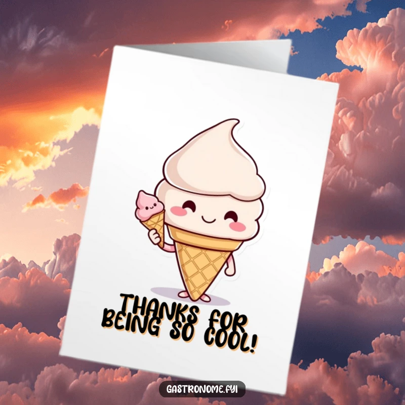 Funny Free Printable Thank You Card: A smiling ice cream cone character offering a cone, conveying thanks with a sweet gesture.