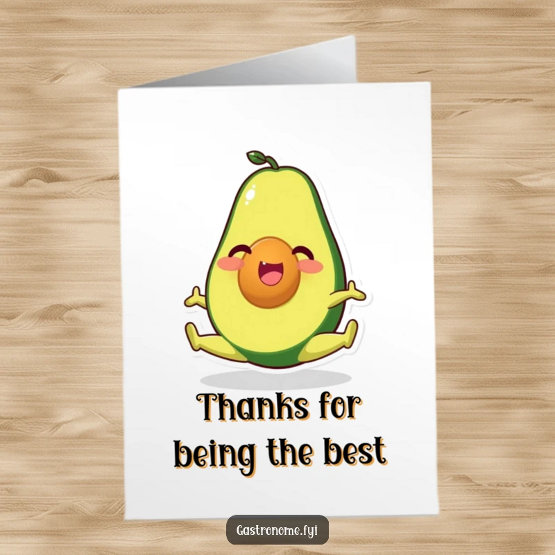 Funny Free Printable Thank You Card: A happy avocado character performing a split, symbolizing flexibility in thanks.