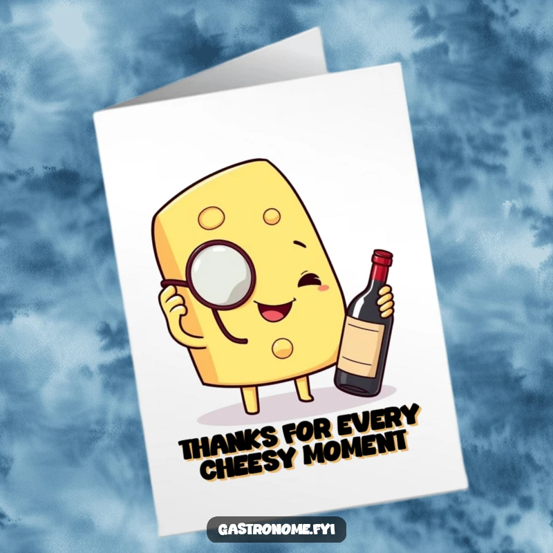 Funny Free Printable Thank You Card: Grateful cheese wedge with monocle offering wine as a thank you. Appreciative and classy design.