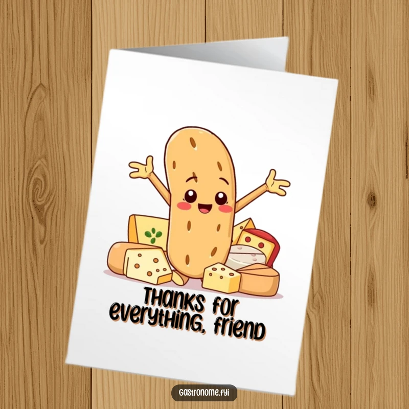 Funny Free Printable Thank You Card: Smiling baguette character proudly displays gourmet cheeses. A thank you for appreciating the finer things.