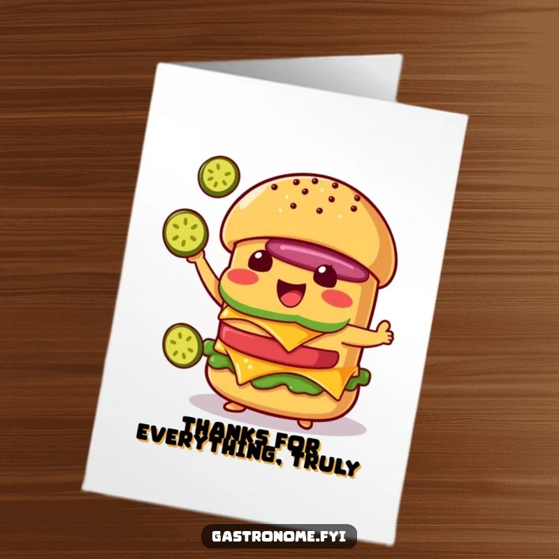 Funny Free Printable Thank You Card: Delighted cheeseburger character juggling three tiny pickle slices, expressing thanks.