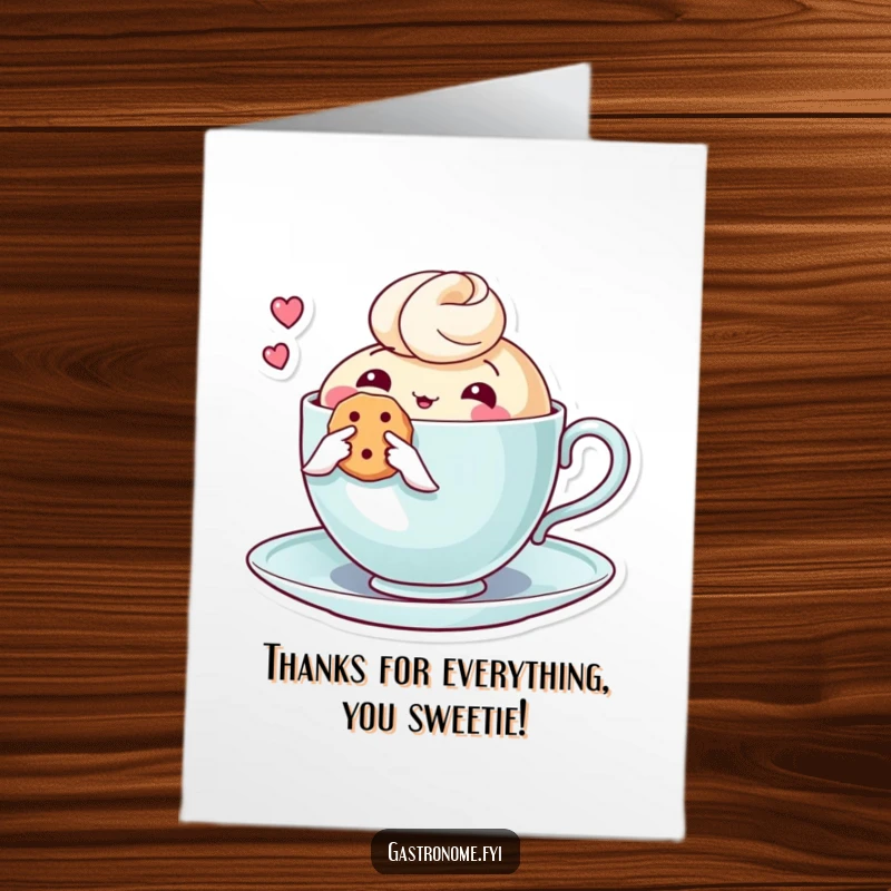 Funny Free Printable Thank You Card: A thoughtful teacup character holding a tiny biscuit, offering a warm and sweet thank you.