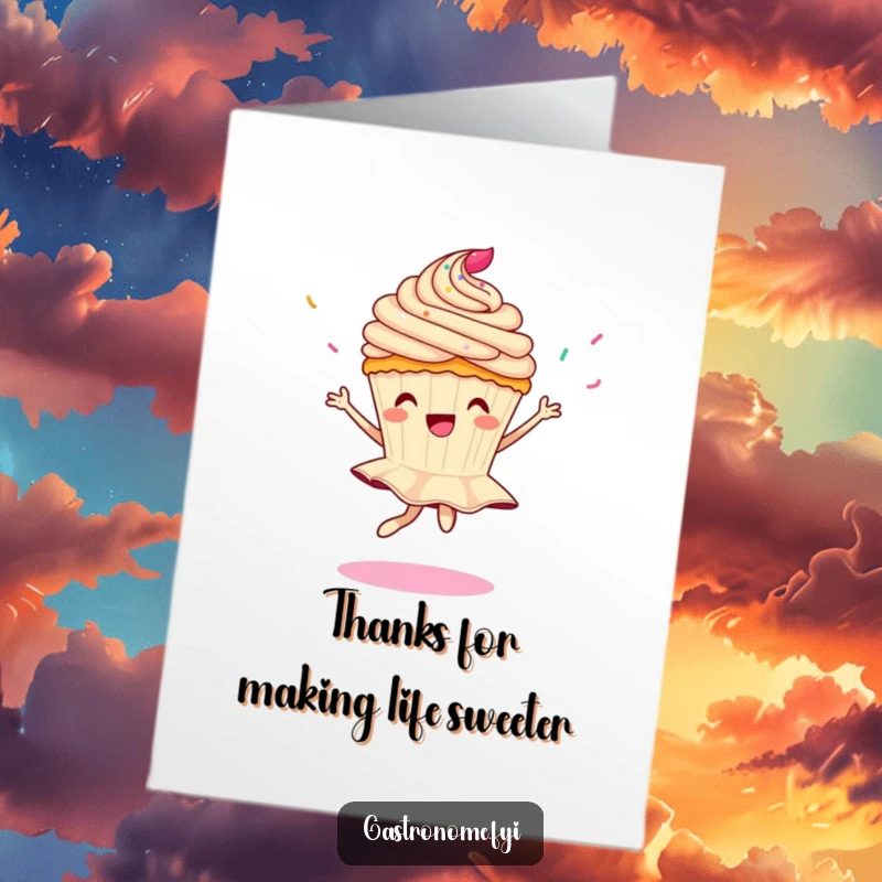 Funny Free Printable Thank You Card: A joyful cupcake character doing a pirouette with sprinkles raining down, a sweet way to say thanks.