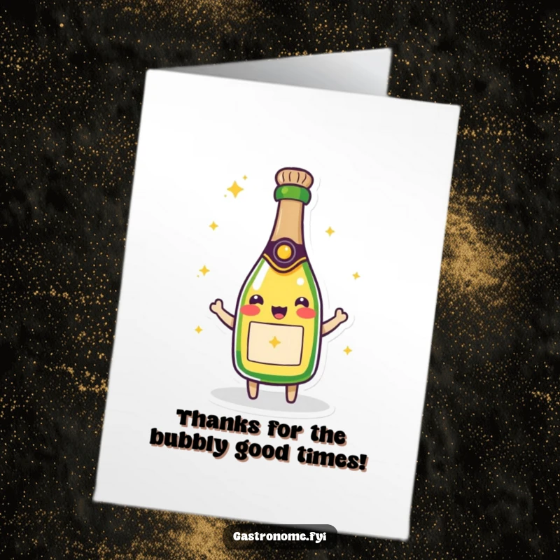 Funny Free Printable Thank You Card: A champagne bottle character beaming and sparkling with joy, conveying warm thanks.