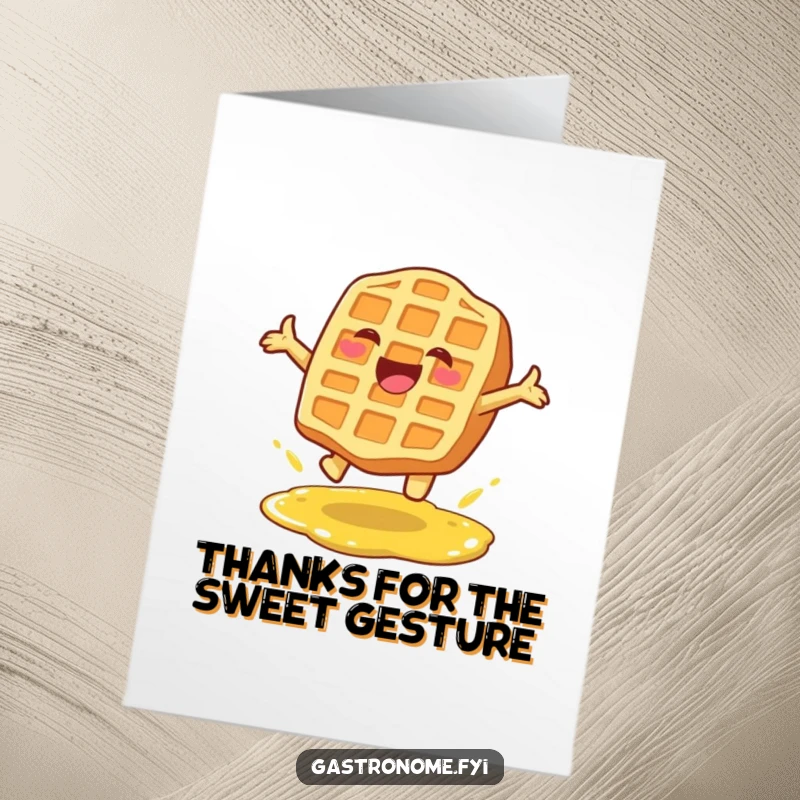 Funny free printable thank you card: A delighted waffle character mid-air, leaping over a syrup puddle, expressing thanks.