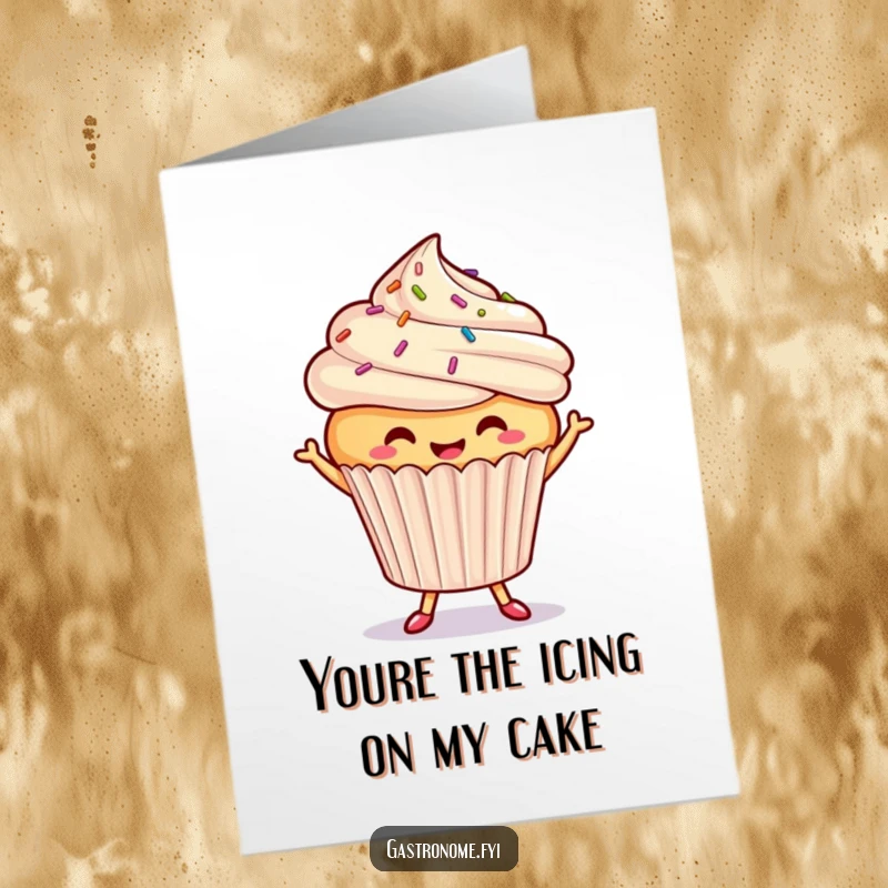 Funny free printable thank you card featuring a cheerful cupcake with sprinkles doing a happy dance, conveying warm gratitude.