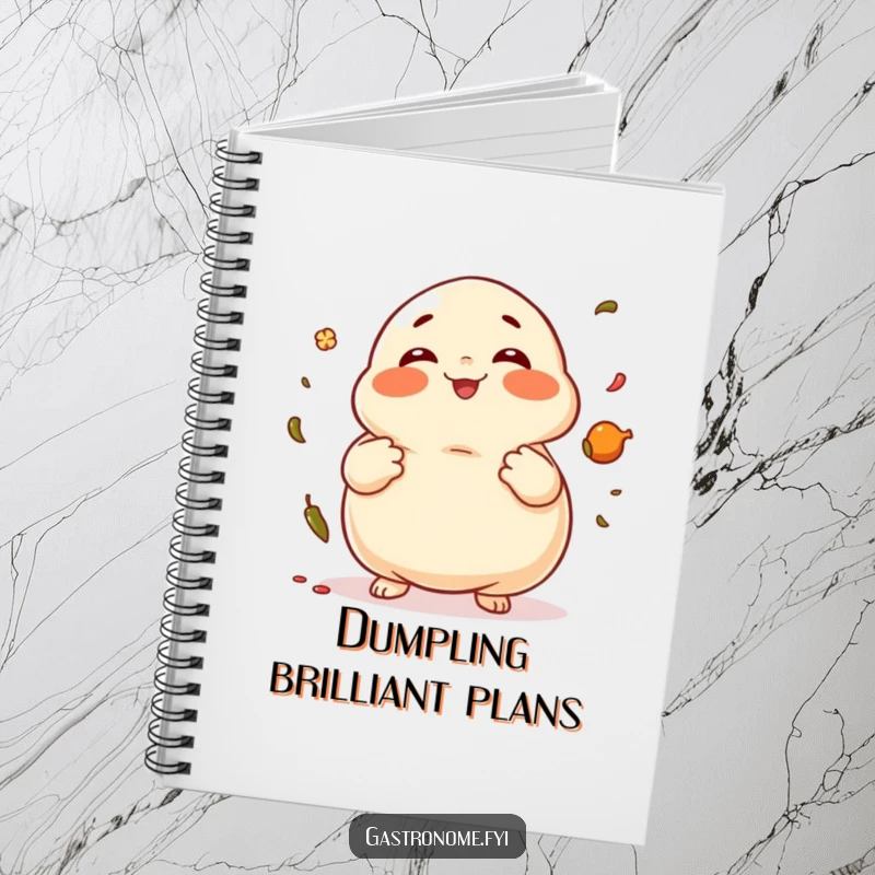 Funny Dumpling Notebook featuring a giggling dumpling character juggling spices, ideal for writing.