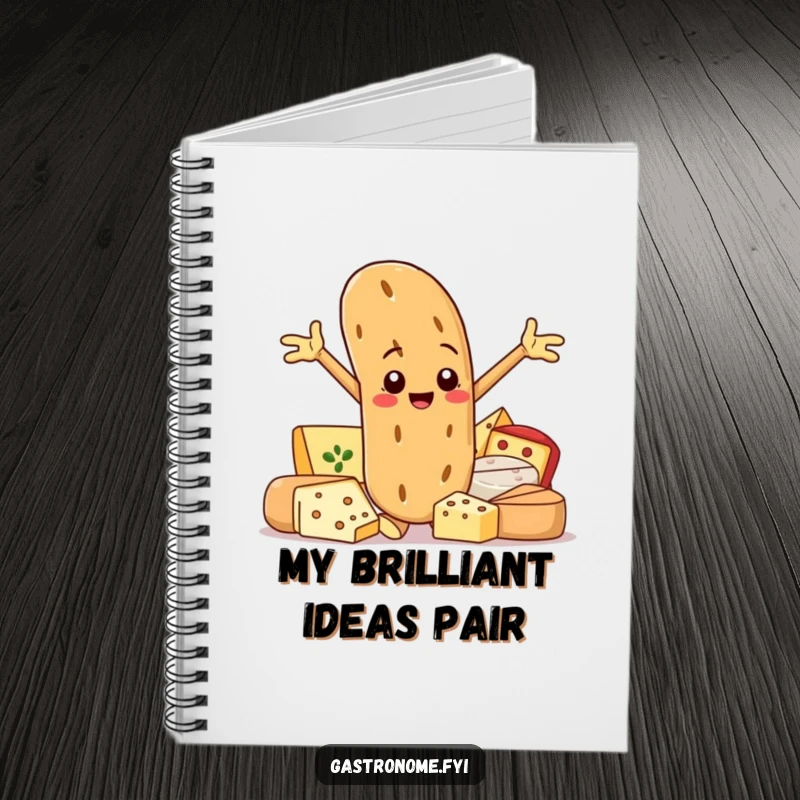 Funny notebook with a smiling baguette character posing proudly next to gourmet cheeses, for jotting down delicious ideas and notes.