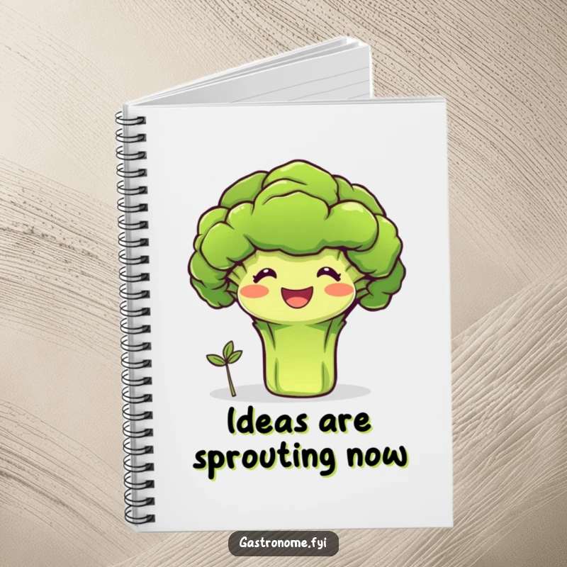 Funny notebook with a beaming broccoli character proudly presenting a tiny sprout, ideal for capturing healthy thoughts and ideas.
