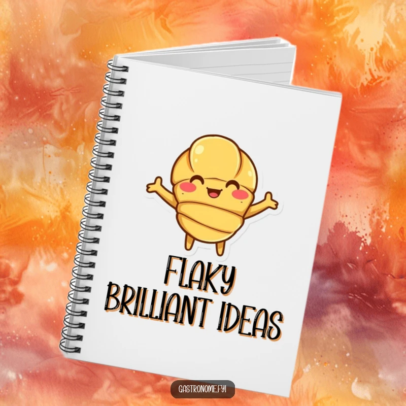 Funny Croissant Notebook featuring a smiling croissant character with open arms, ideal for writing.