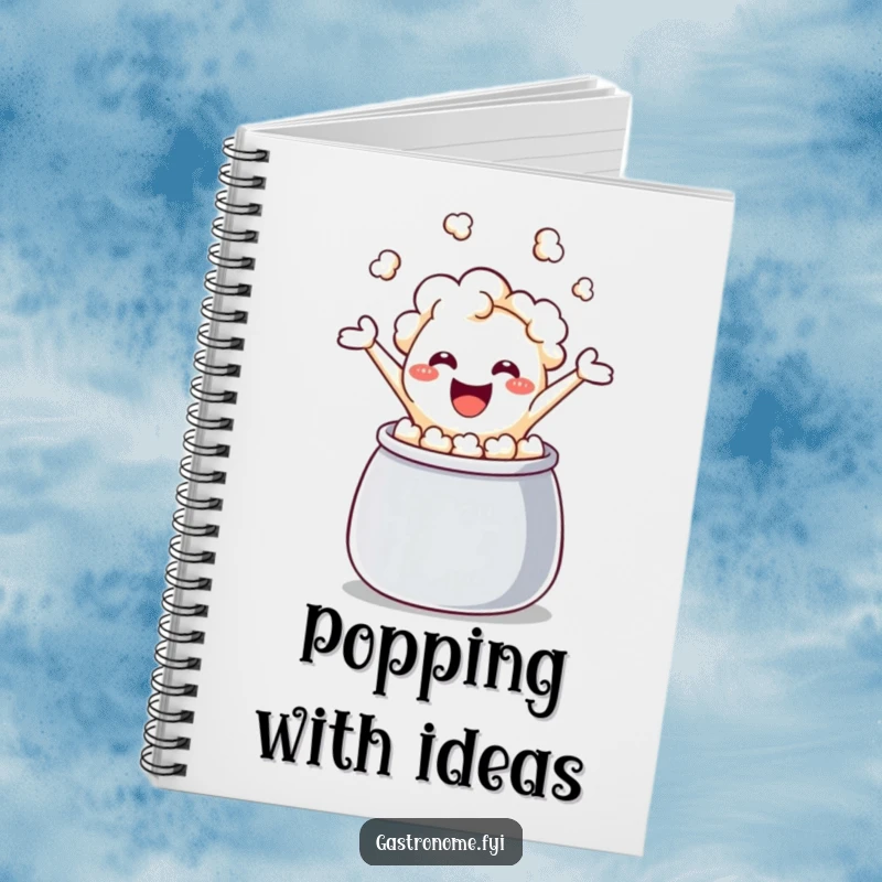 Funny popcorn kernel notebook, a kernel joyfully leaping from a kettle, ideal for recording notes, ideas, and bursts of humorous inspiration.
