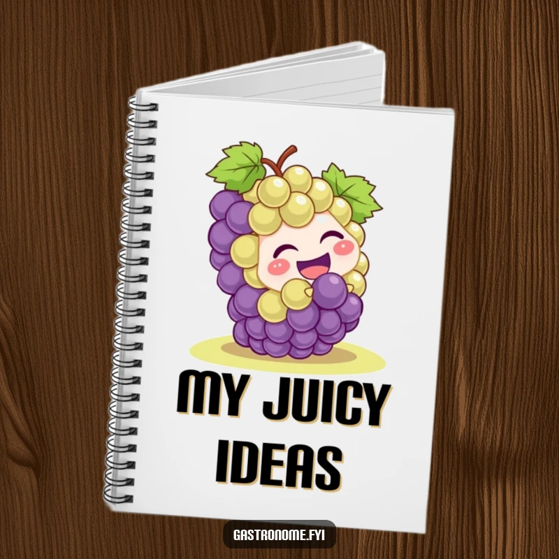 Funny grape cluster character comically rolling downhill, featured on the cover of a notebook, inspiring playful thoughts and creative ideas.