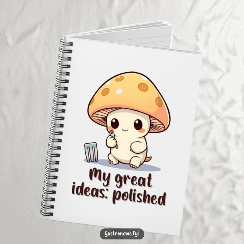 Funny notebook with a whimsical mushroom character polishing a tiny silver fork, perfect for jotting down notes with refined humor.